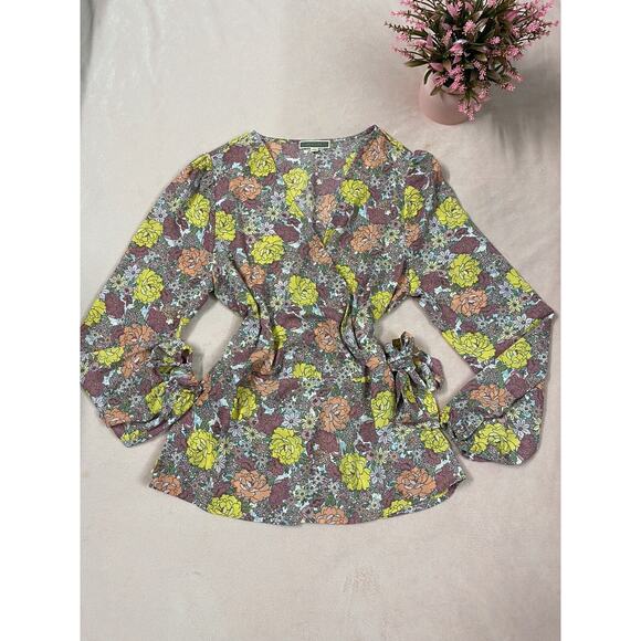 VINTAGE  Y2K PLEIONE Floral Print Waist Tie Front Blouse Top Womens M PINK - Picture 1 of 6